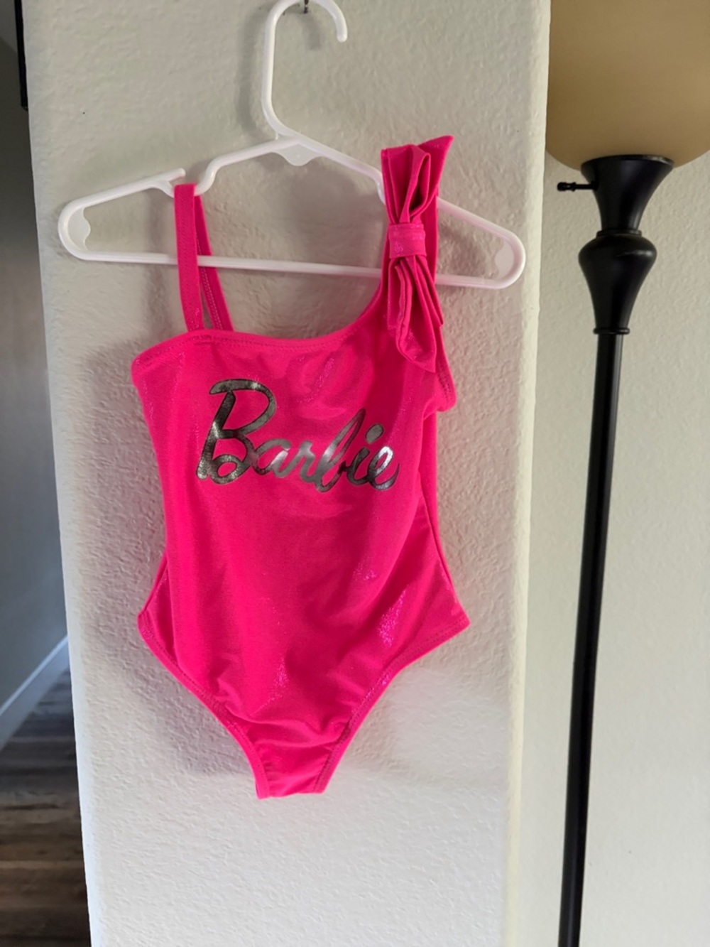 Barbie Neon Pink One-Shoulder Bow Swimsuit with Silver Logo